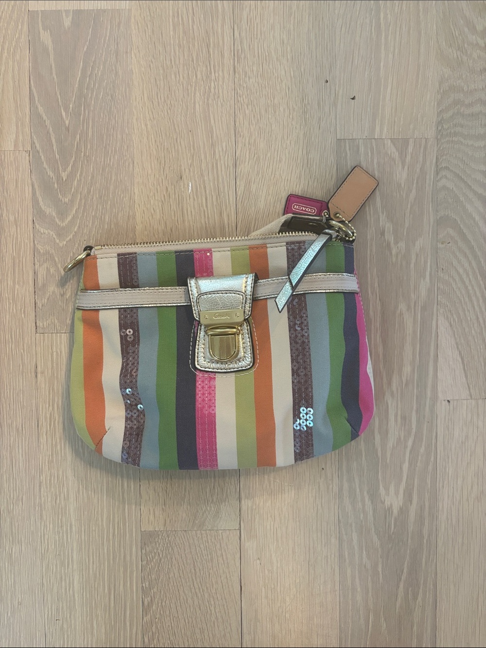 Coach Striped Multicolor Wristlet with Gold Trim